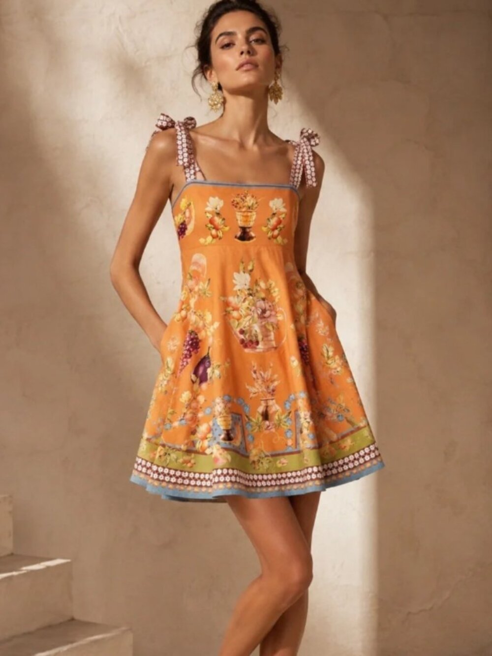 NWT Caroline Constas Orange Citrus Fruit Linen Mini Dress S Resortwear